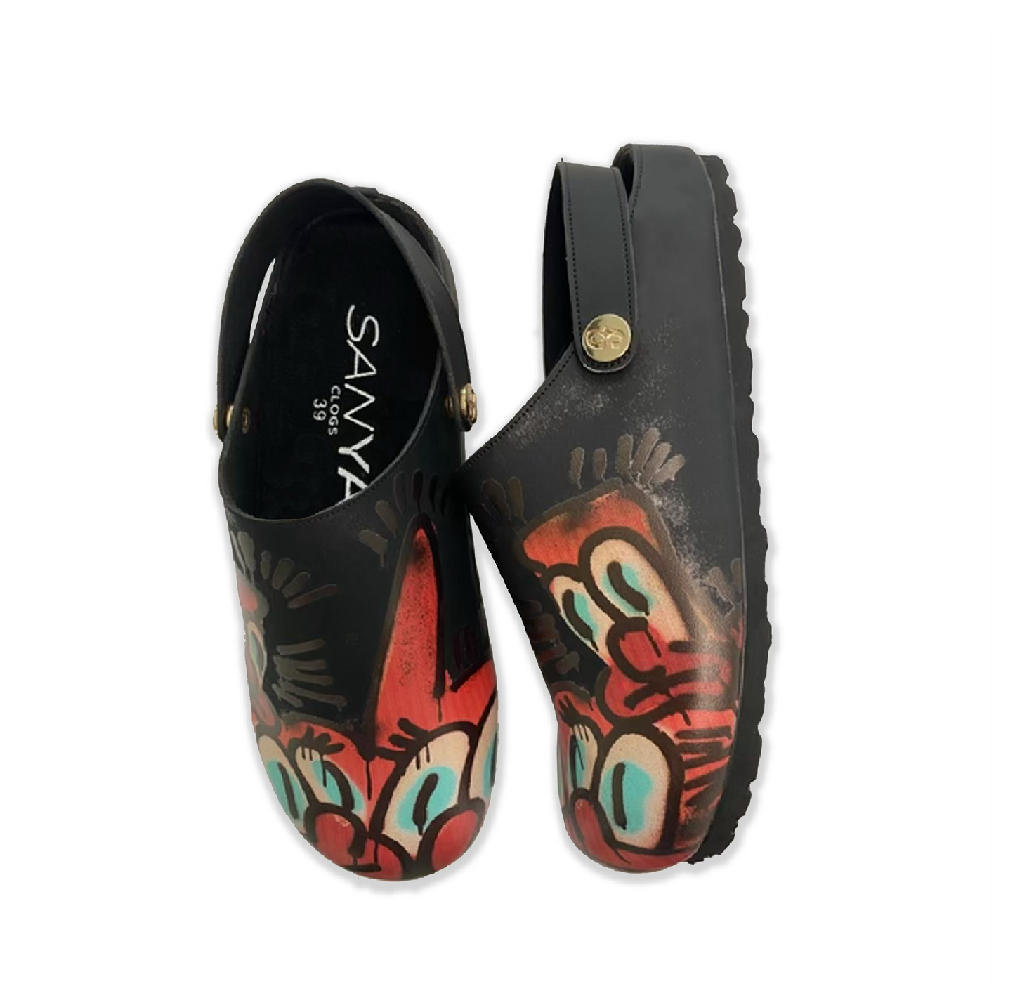 BLACK LEATHER SANYA CLOGS X SLAWN ART